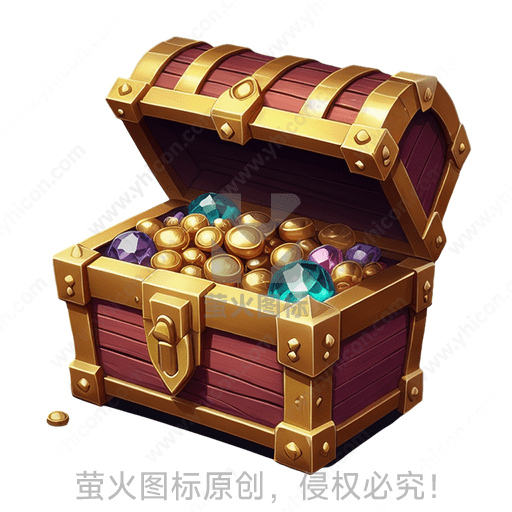 一个开启的木质宝箱内满是金币和宝石