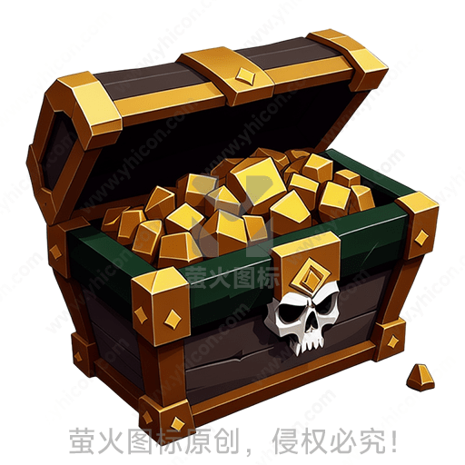 宝箱满载金块，顶部有骷髅头