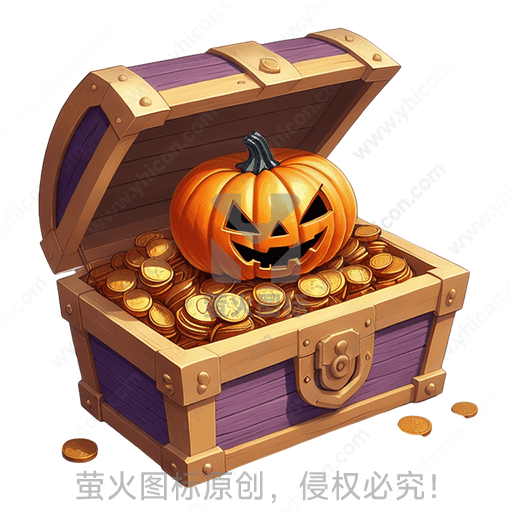 木箱中满是金币和一个南瓜灯