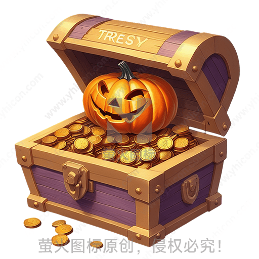 一个木质宝箱内装满金币，顶部有一个南瓜灯