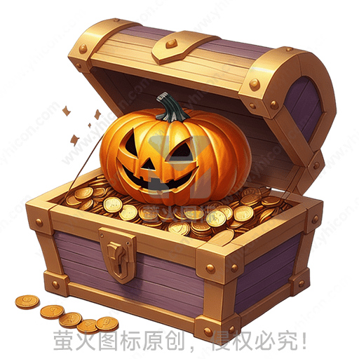 南瓜灯坐在装满金币的箱子里