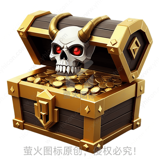 一个金币满溢的宝箱，上有骷髅头和羊角