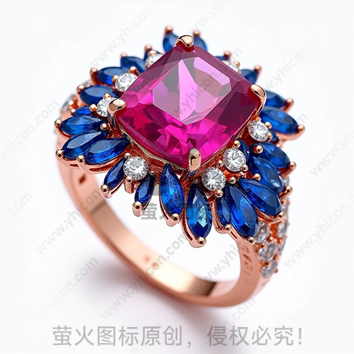 粉红色宝石与蓝色宝石组成的华丽戒指