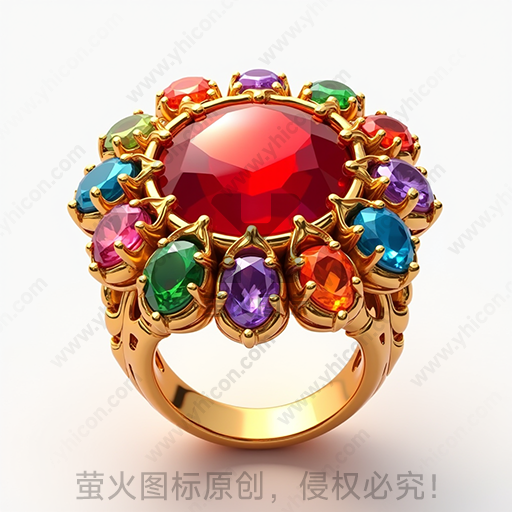 金色戒指镶有红色主宝石和多彩副石