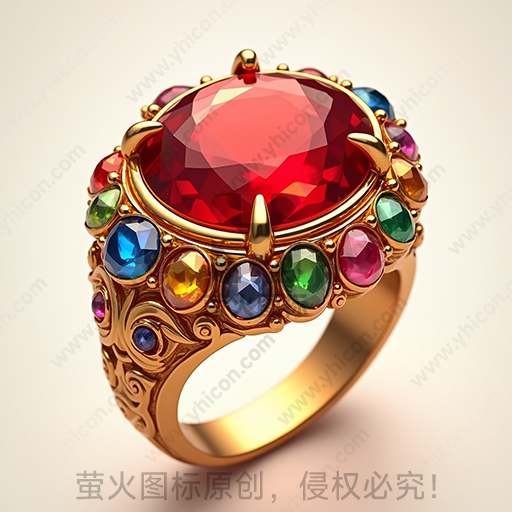 金制戒指镶嵌红色宝石及彩色小宝石
