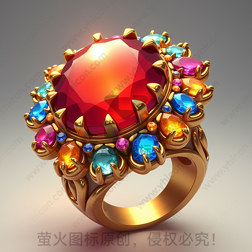 一枚镶有红色宝石和多彩宝石的金戒指