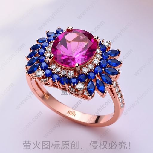 粉红色宝石戒指，蓝色和透明小钻石镶嵌