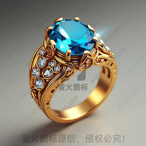 这是一枚黄金戒指，嵌有蓝色宝石和多颗钻石