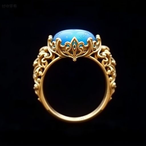 一枚金色戒指，顶部镶嵌蓝宝石