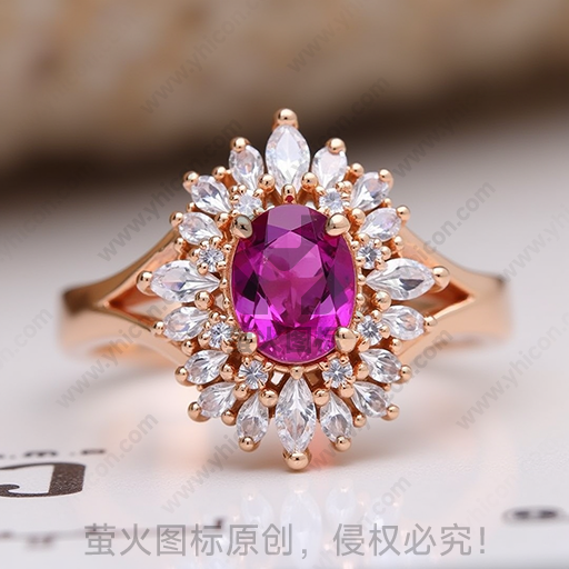 一枚含粉紫色宝石的金戒指