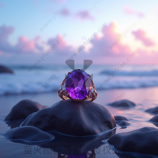 海滩上的紫色宝石戒指，日落映照