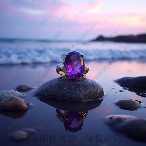 在海边石头上放着一枚大紫色宝石戒指