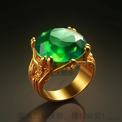 一枚金色戒指，镶嵌有翠绿色宝石