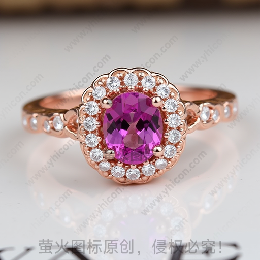 玫瑰金戒指，镶嵌粉紫色宝石与透明钻石