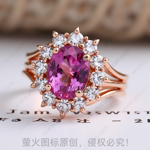 粉红色宝石镶嵌的金色戒指