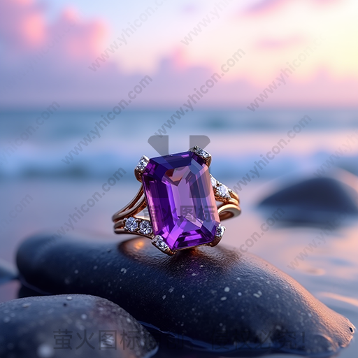 海滩上的黑石头上放着一枚紫色宝石戒指