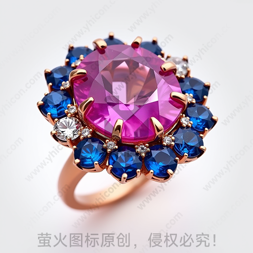 粉红色大宝石环绕蓝色小宝石的金戒指
