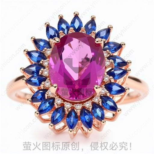 一个粉红色椭圆形宝石的金色戒指，辅以蓝色宝石