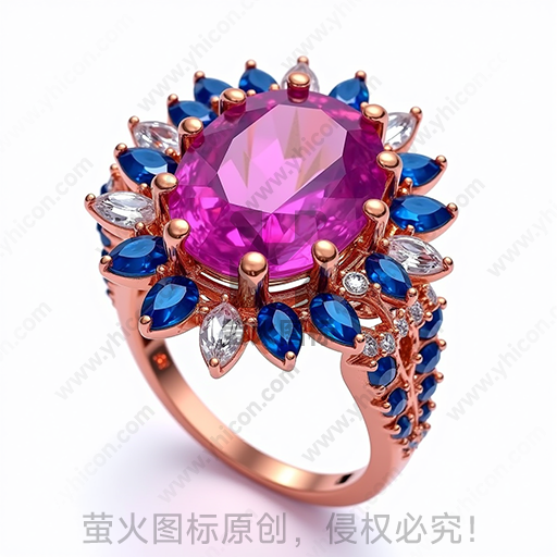 粉红宝石镶嵌玫瑰金戒指，辅以蓝宝石和透明水晶