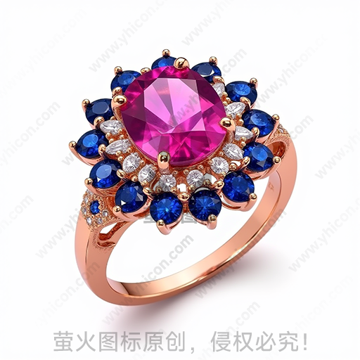 粉红色宝石镶嵌金戒指，周围缀蓝白宝石