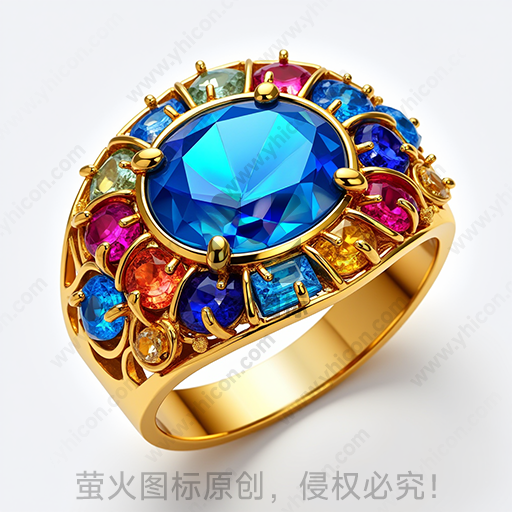 一个金色戒指，镶嵌多彩宝石和一个大蓝宝石