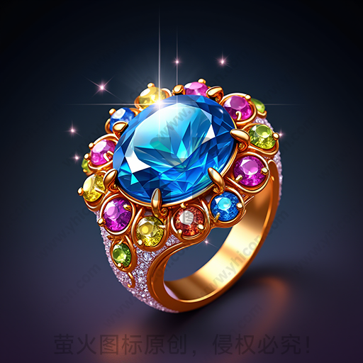 彩色宝石镶嵌的金色戒指，光芒闪耀