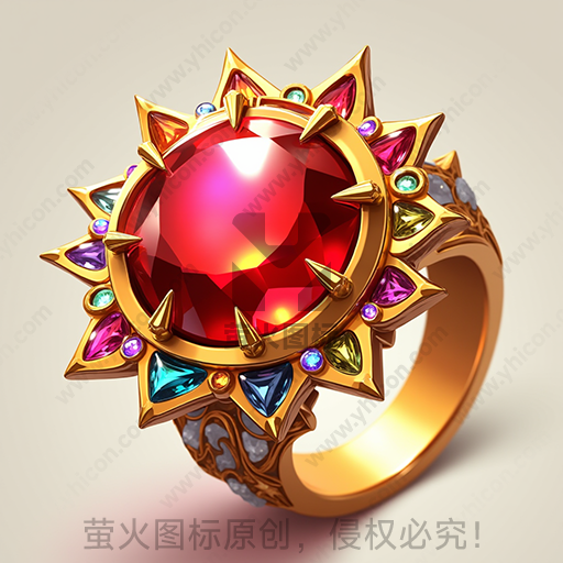 一枚镶嵌着红宝石及多彩小宝石的金戒指