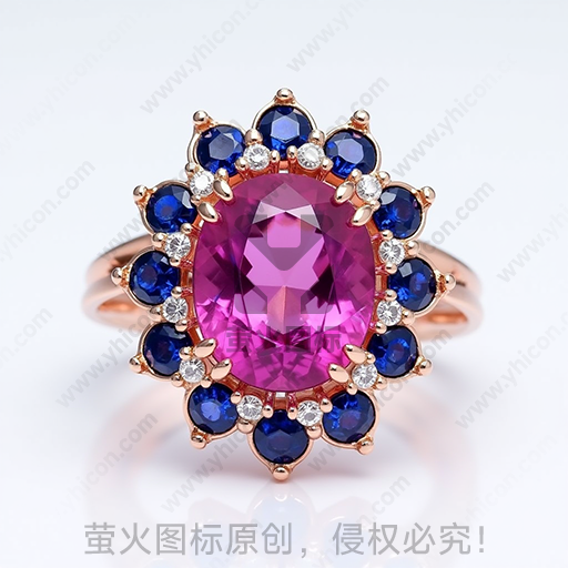粉红色宝石戒指，周围镶嵌蓝色宝石和钻石
