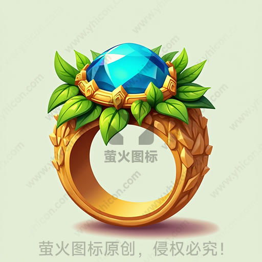金色戒指，顶部装饰有蓝宝石和绿叶