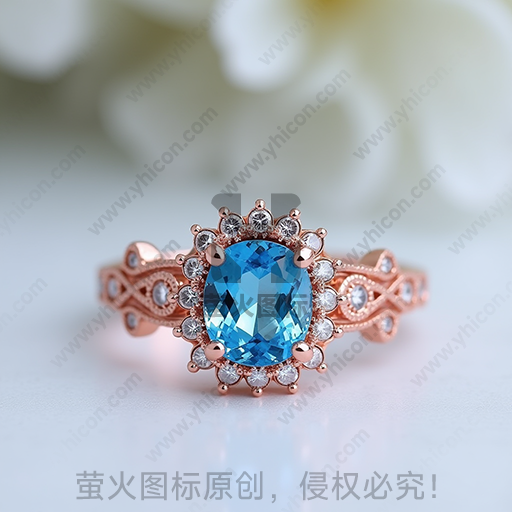 蓝色宝石镶嵌在精致玫瑰金戒指上