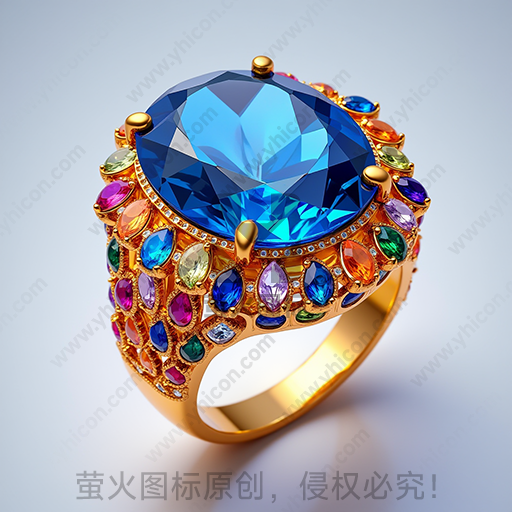 镶嵌多彩宝石的金戒指，中心巨大蓝宝石
