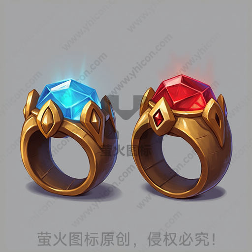 两枚金色戒指，分别镶嵌红蓝宝石