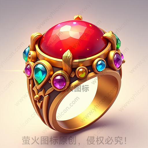 红色宝石镶嵌的金色戒指，装饰多彩宝石和叶形图案