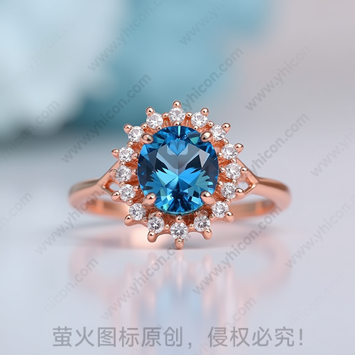 玫瑰金戒指，蓝宝石镶嵌，闪耀钻石边缘