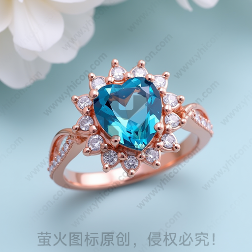 粉金色戒指，中心镶蓝宝石和小钻石