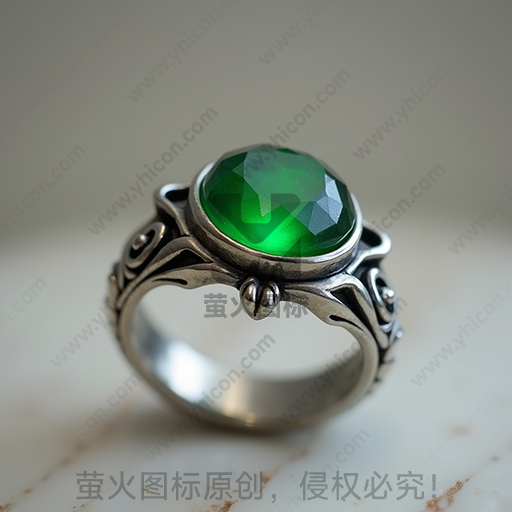 一枚镶嵌绿宝石的银质戒指