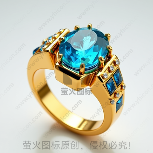 一枚金色戒指镶嵌蓝色宝石和小钻石