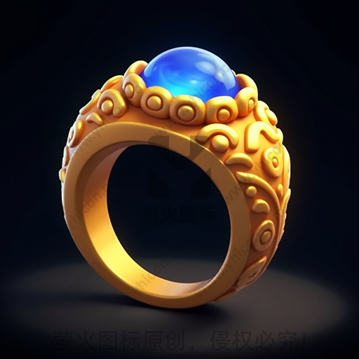 金色戒指，装饰有蓝色宝石和图案