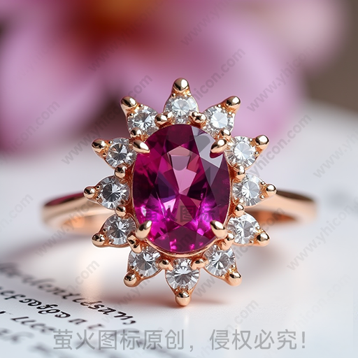 紫色宝石金戒指，周围镶嵌小钻石