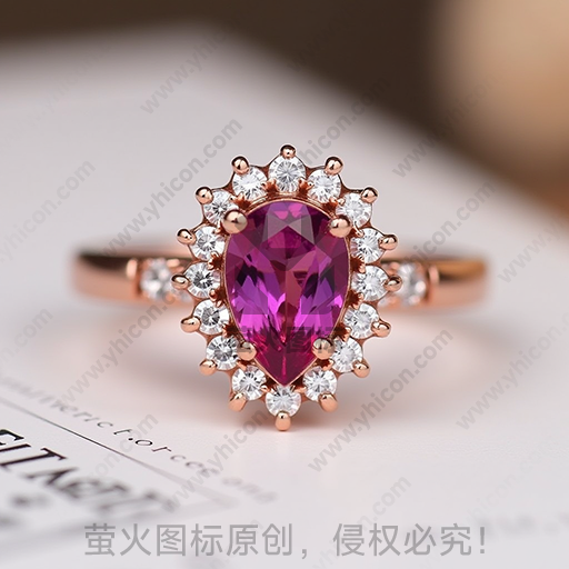 玫瑰金戒指，中心镶嵌紫红色宝石
