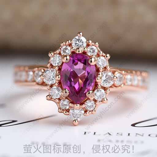 粉金色戒指，镶嵌紫色宝石和白色钻石