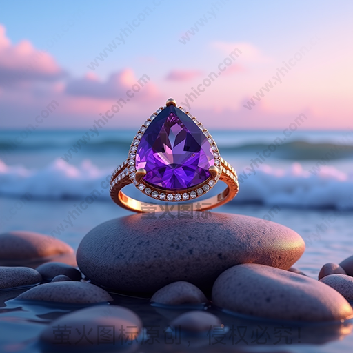 海边石头上的紫色宝石戒指