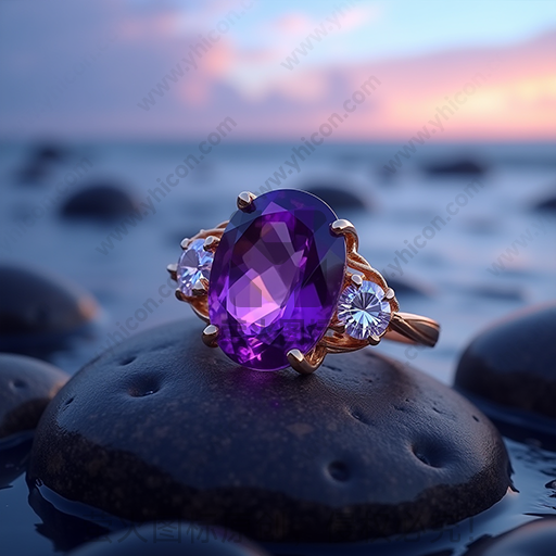 海滩上的紫色宝石戒指，黄昏背景