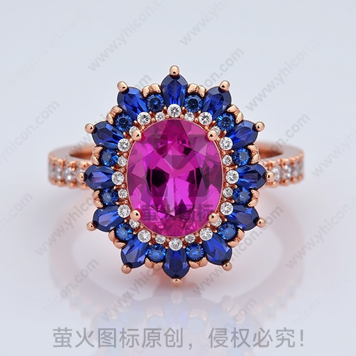 粉红色宝石搭配蓝色宝石的金戒指