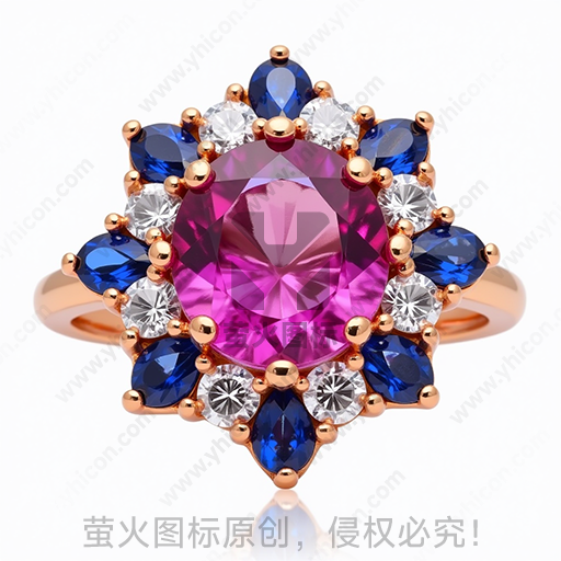 粉红色宝石金戒指，围以蓝色和透明水晶