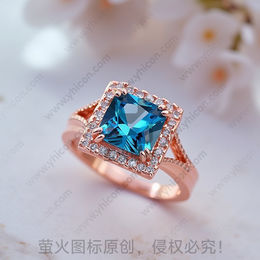 粉金戒指，蓝色宝石，镶钻边框