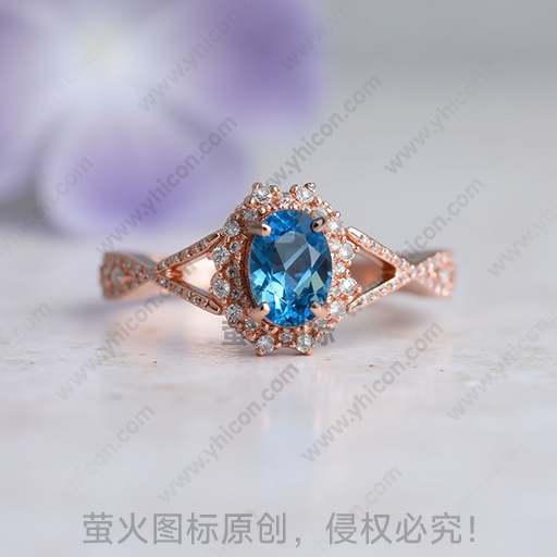 玫瑰金戒指镶嵌蓝宝石及小钻石