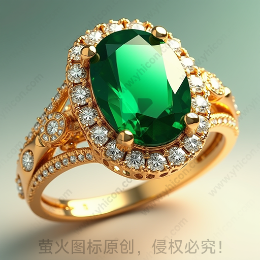 金色戒指镶嵌绿色宝石和钻石