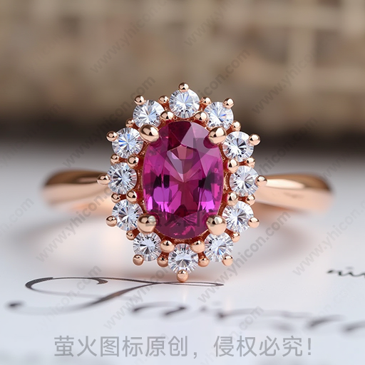 粉红色宝石戒指，边缘镶嵌透明水晶