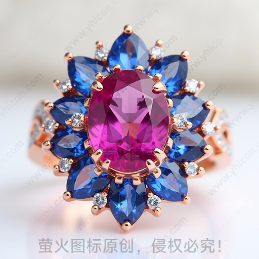 粉红色和蓝色宝石镶嵌的金戒指
